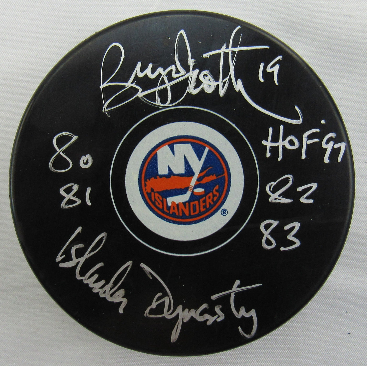 Bryan Trottier Signed Auto Autograph Islanders Logo Hockey Puck w/ Insc JSA WA168715