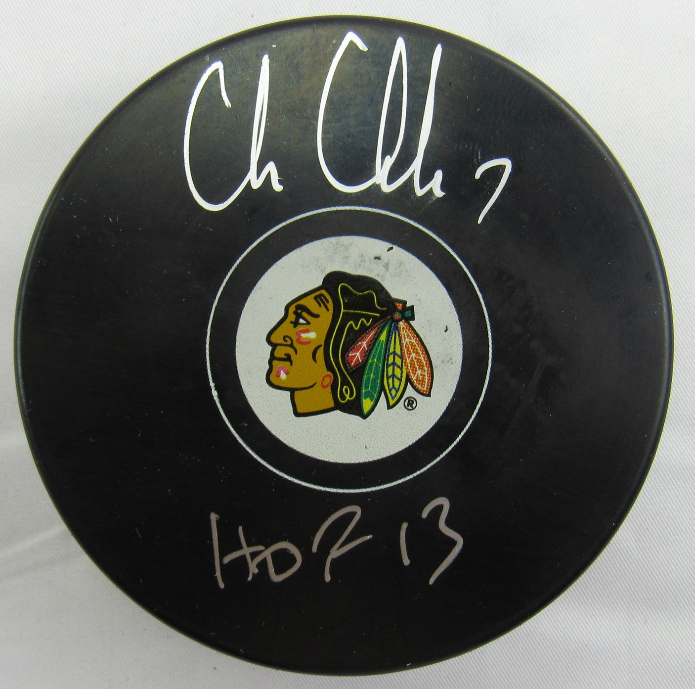 Chris Chelios Signed Auto Autograph Blackhawks Logo Hockey Puck w/ Insc RSA Hologram