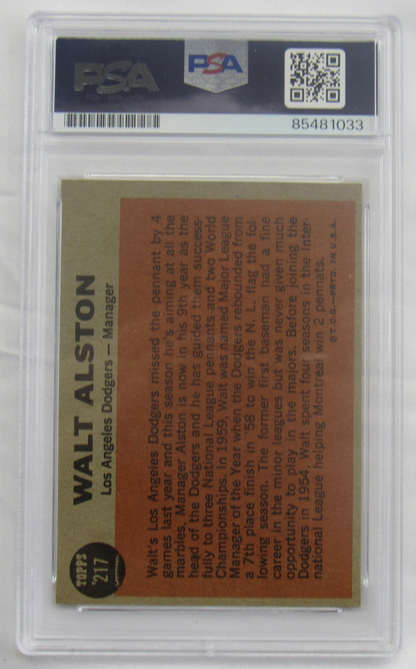 Walter Alston 1962 Topps Signed Auto Encapsulated Baseball Card PSA/DNA
