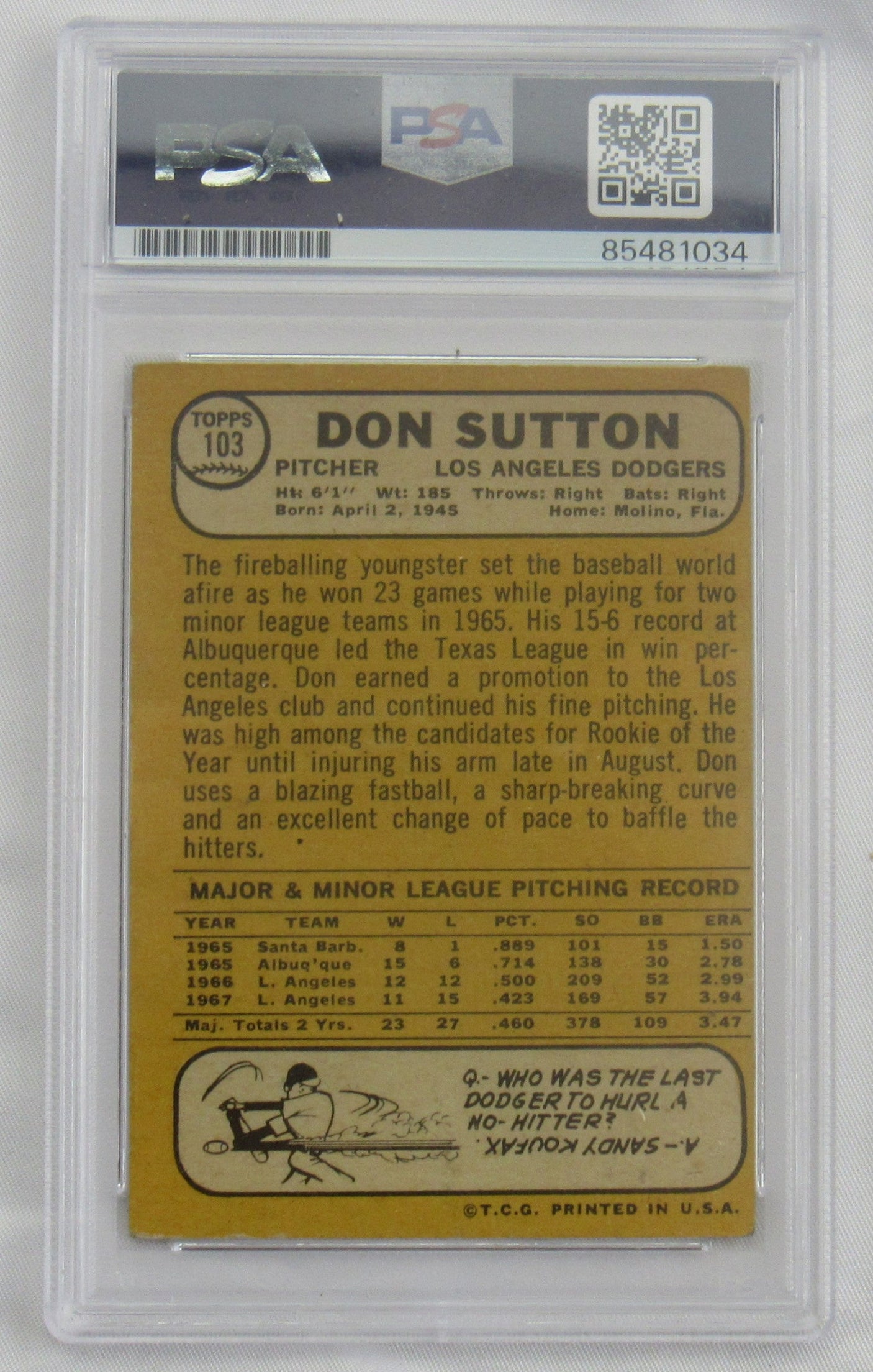 Don Sutton 1968 Topps Signed Auto Autograph Encapsulated Baseball Card PSA/DNA