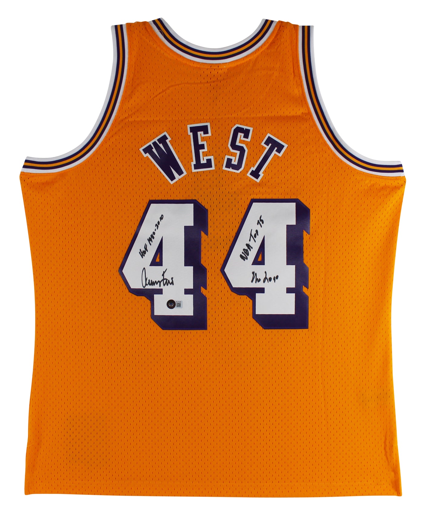 Lakers Jerry West "3x Inscribed" Signed Yellow M&N HWC Swingman Jersey BAS