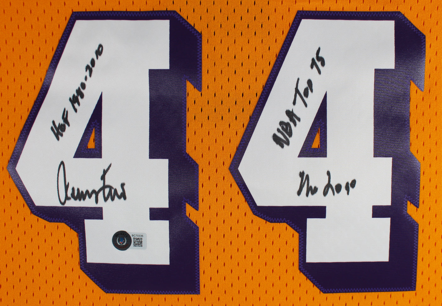 Lakers Jerry West "3x Inscribed" Signed Yellow M&N HWC Swingman Jersey BAS