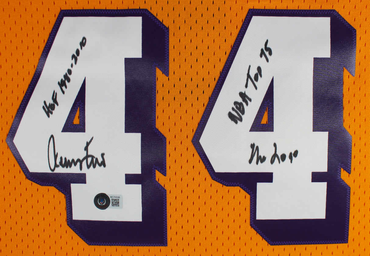 Lakers Jerry West "3x Inscribed" Signed Yellow M&N HWC Swingman Jersey BAS