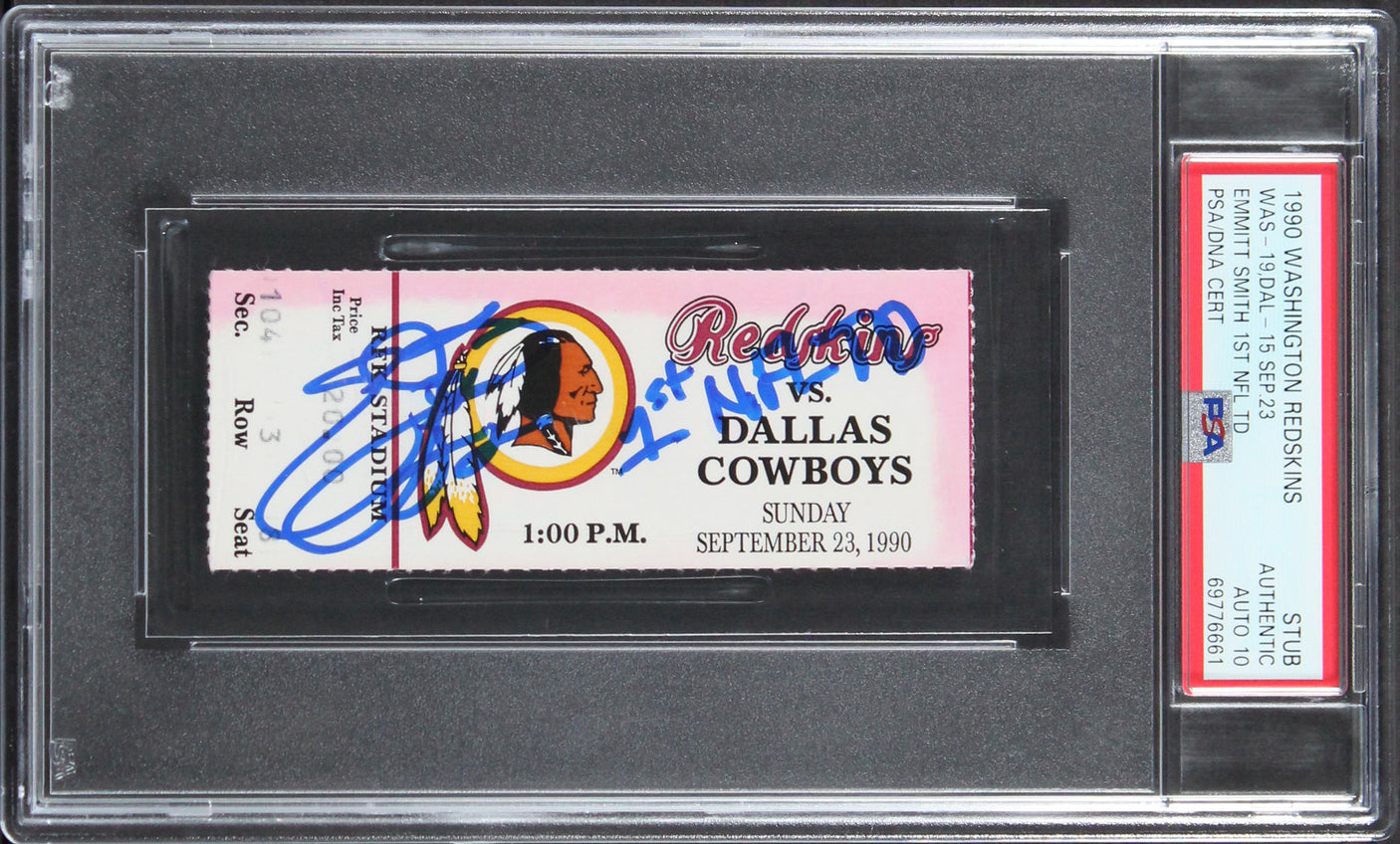 Cowboys Emmitt Smith "1st NFL TD" Signed 9/23/1990 Ticket Stub Auto 10! PSA Slab