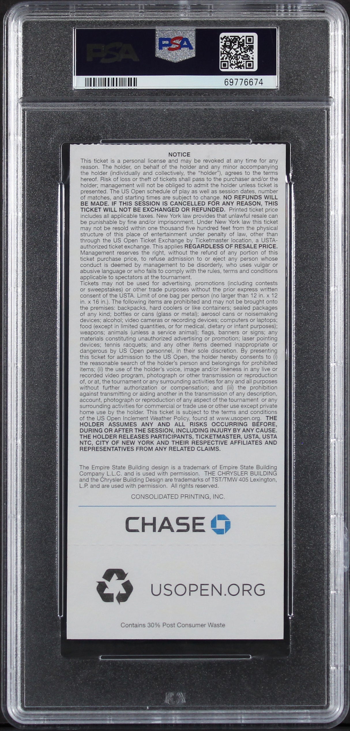 Serena Williams Authentic Signed 2014 U.S. Open Ticket Stub PSA/DNA Slabbed