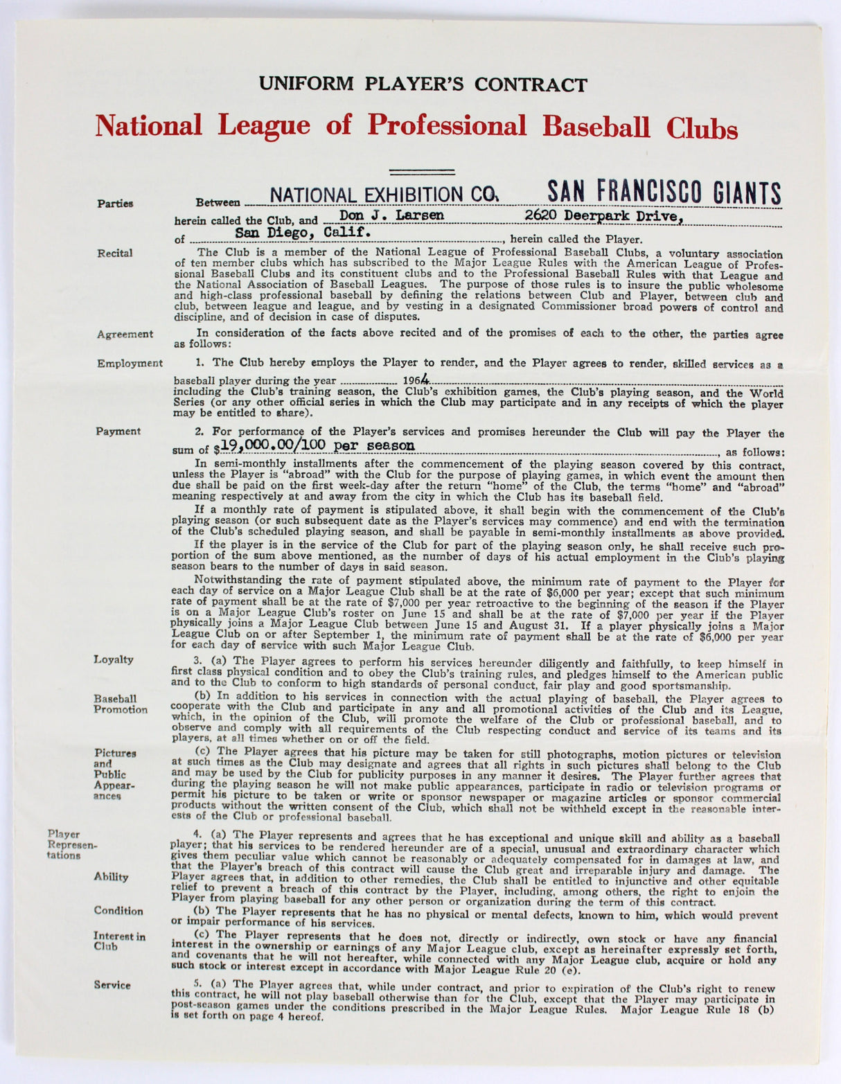 Don Larsen Signed 1964 San Francisco Giants Uniform Player's Contract BAS LOA