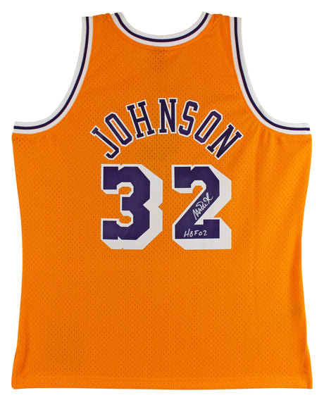 Lakers Magic Johnson "HOF 02" Signed Yellow M&N HWC Swingman Jersey BAS Witness