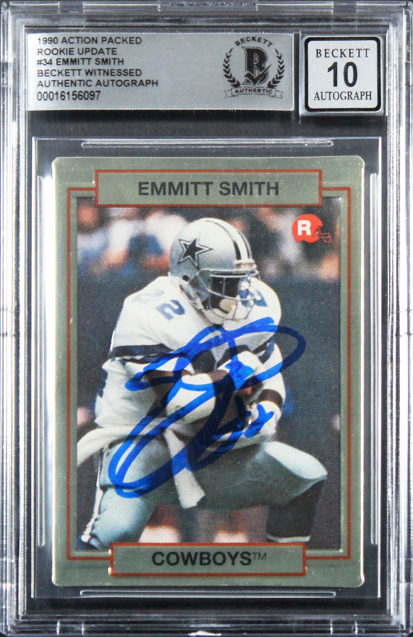 Cowboys Emmitt Smith Signed 1990 Action Packed #34 Rookie Card Auto 10! BAS Slab