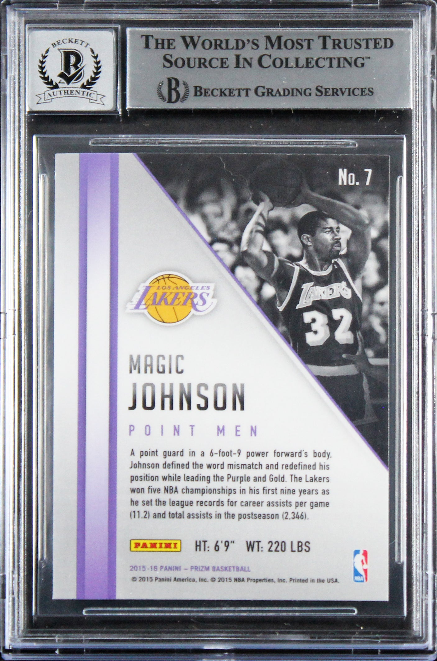 Lakers Magic Johnson Signed 2015 Panini Prizm Point Men #7 Card Auto 10 BAS Slab