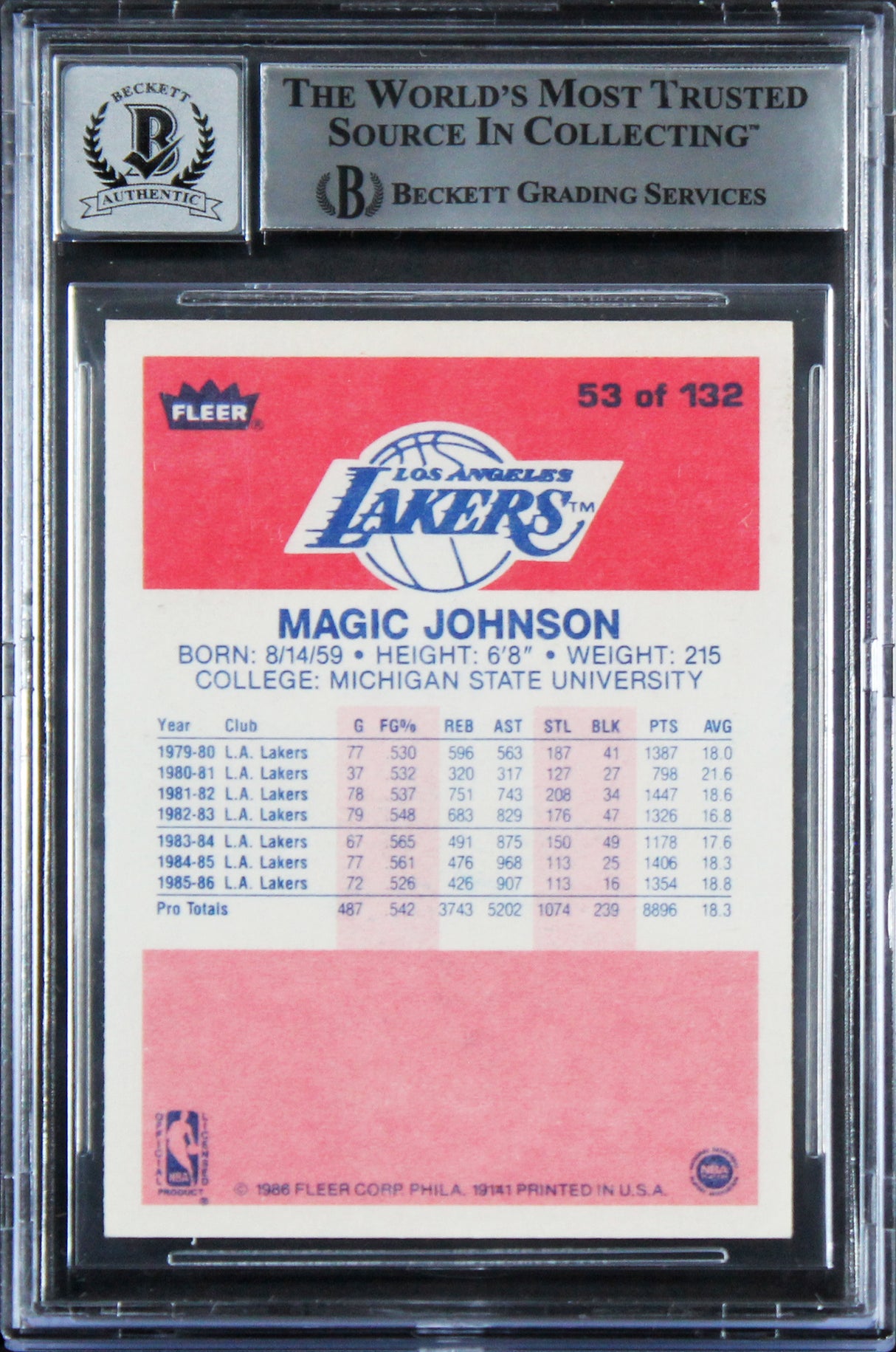 Lakers Magic Johnson Authentic Signed 1986 Fleer #53 Card Auto 10! BAS Slabbed 4