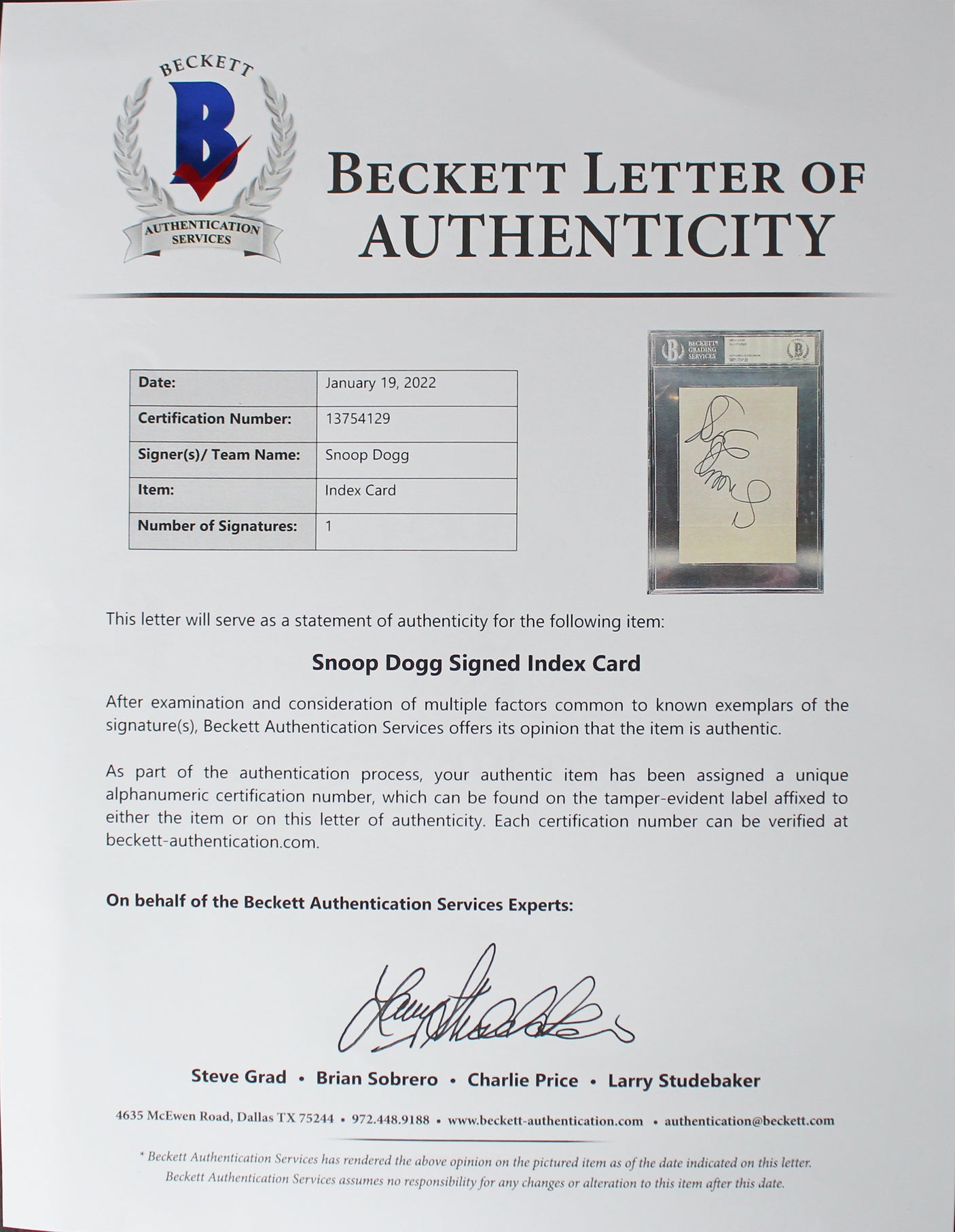 Snoop Dogg Rapper & Actor Authentic Signed 4x6 Index Card BAS Slabbed