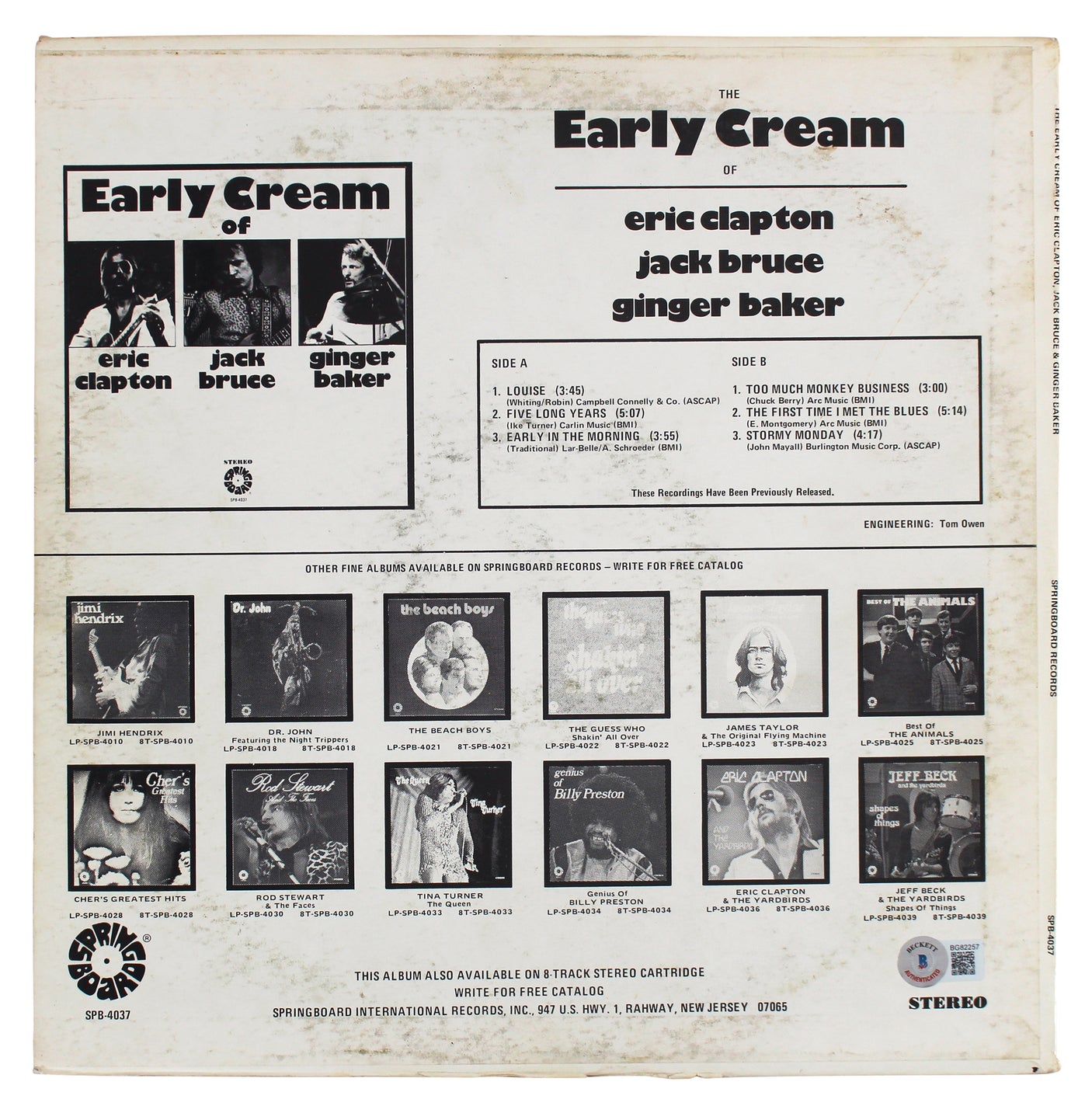 Ginger Baker Cream Authentic Signed Album Cover Autographed BAS #BG82257