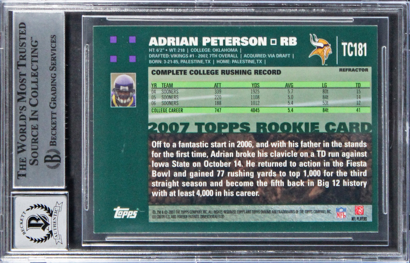Vikings Adrian Peterson Signed 2007 Topps Chrome #TC181 RC Card Auto 10 BAS Slab