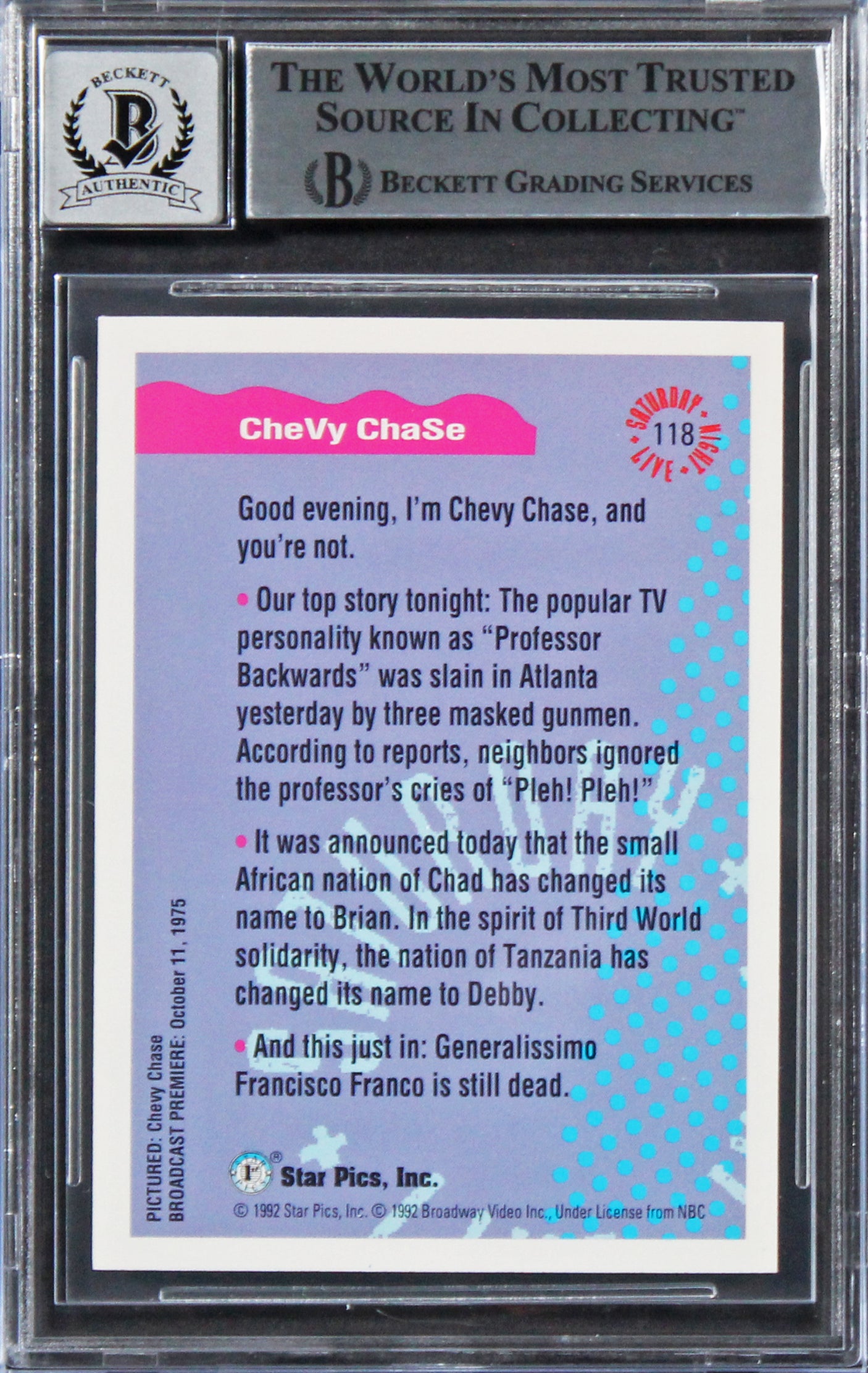 Chevy Chase Signed 1992 Star Pics Saturday Night Live #118 Card Auto 10 BAS Slab