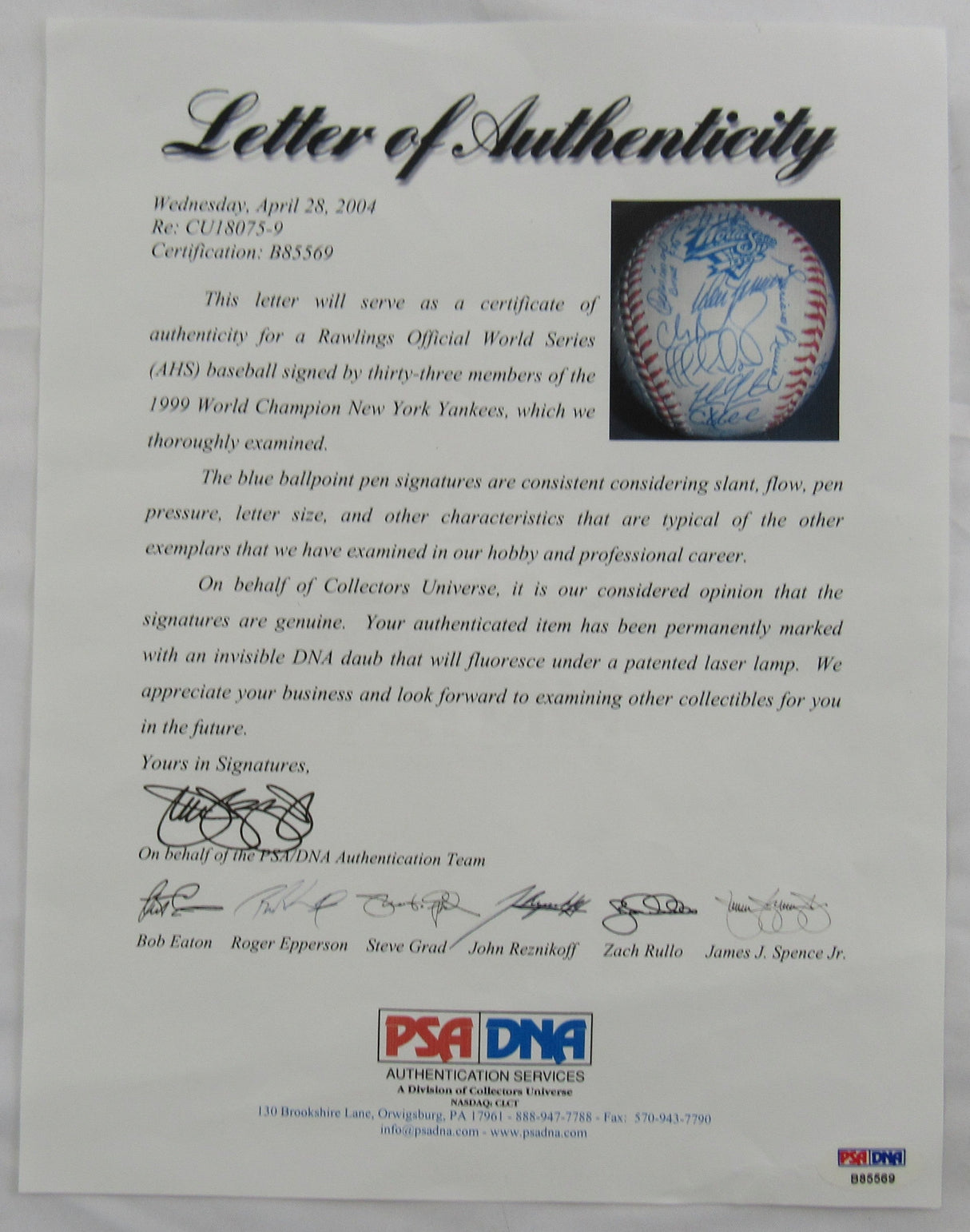 1999 New York Yankess Team Signed Rawlings Baseball PSA/DNA LOA B85569 Derek Jeter