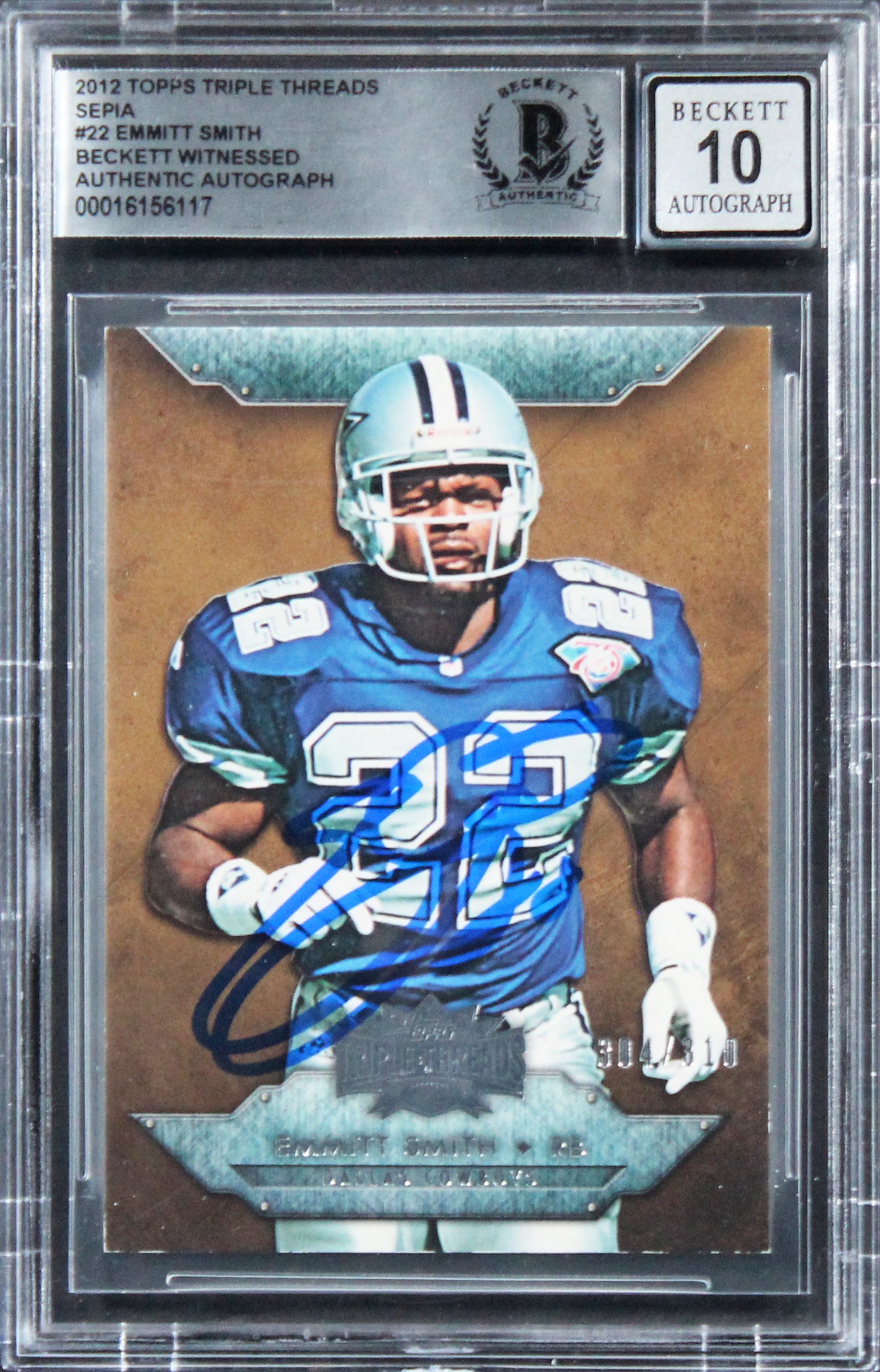 Cowboys Emmitt Smith Signed 2012 Topps TT Sepia #22 Card Auto 10! BAS Slabbed