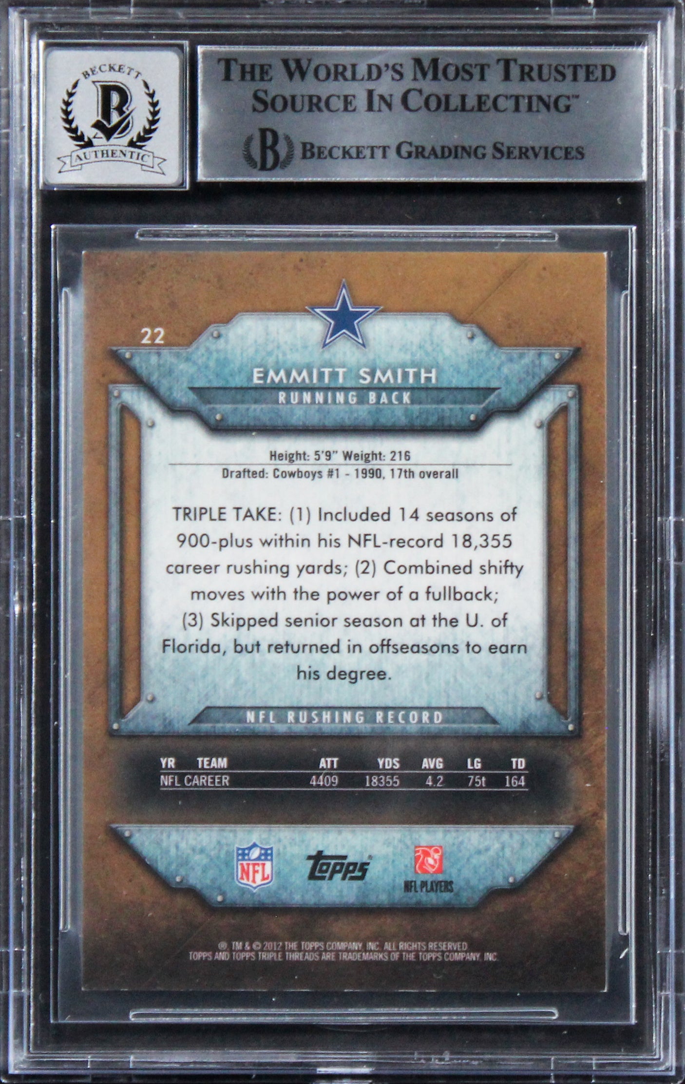 Cowboys Emmitt Smith Signed 2012 Topps TT Sepia #22 Card Auto 10! BAS Slabbed