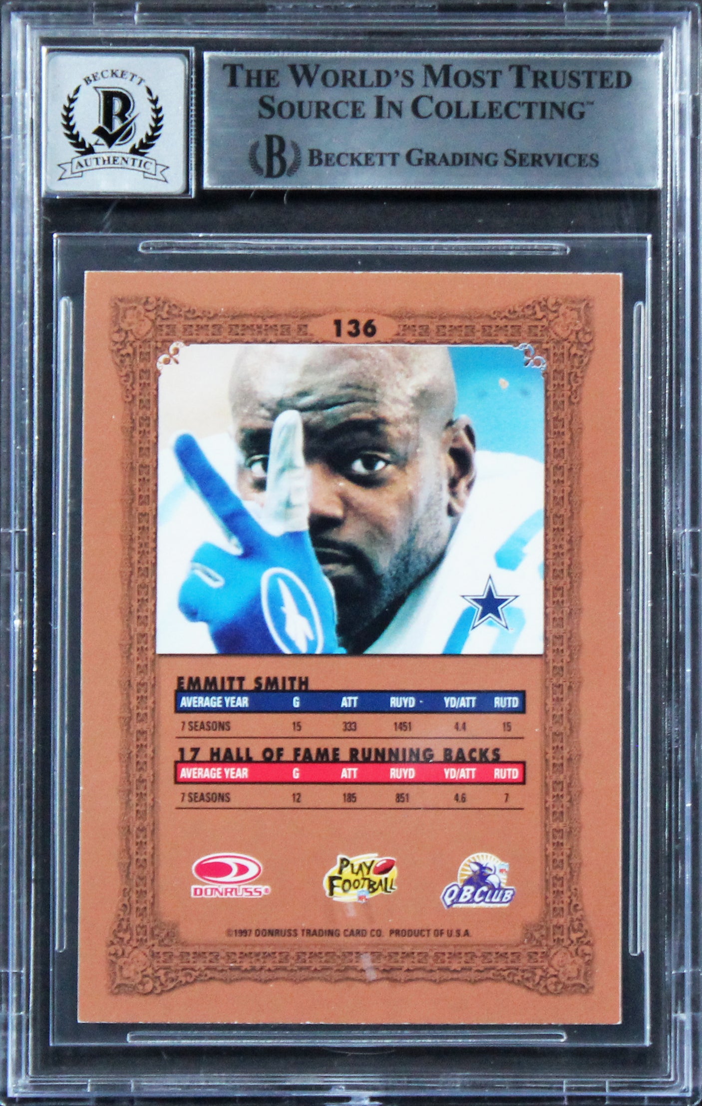 Cowboys Emmitt Smith Signed 1997 Donruss Preferred #136 Card Auto 10! BAS Slab