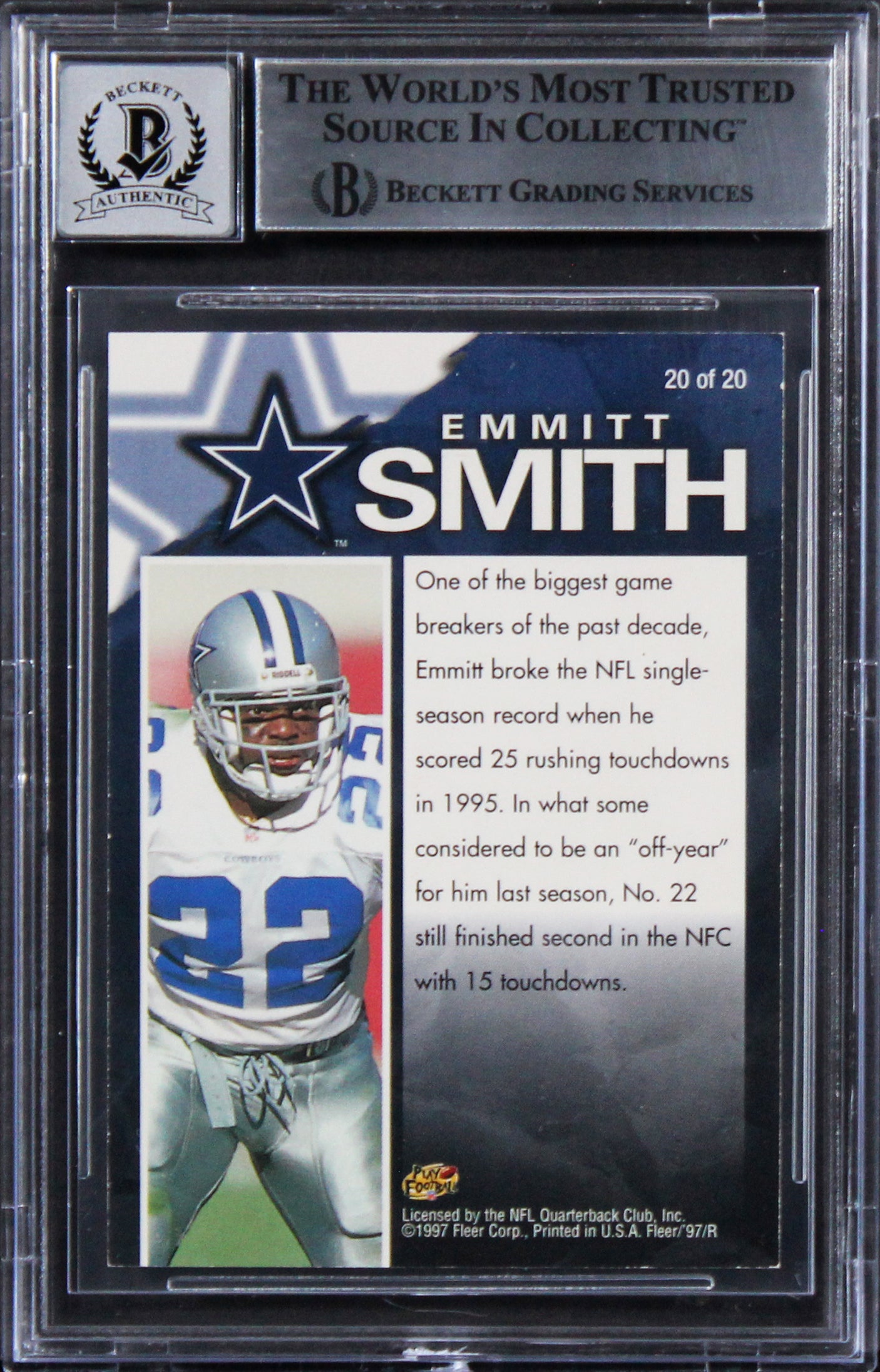 Cowboys Emmitt Smith Signed 1997 Fleer Game Breakers #20 Card Auto 10! BAS Slab