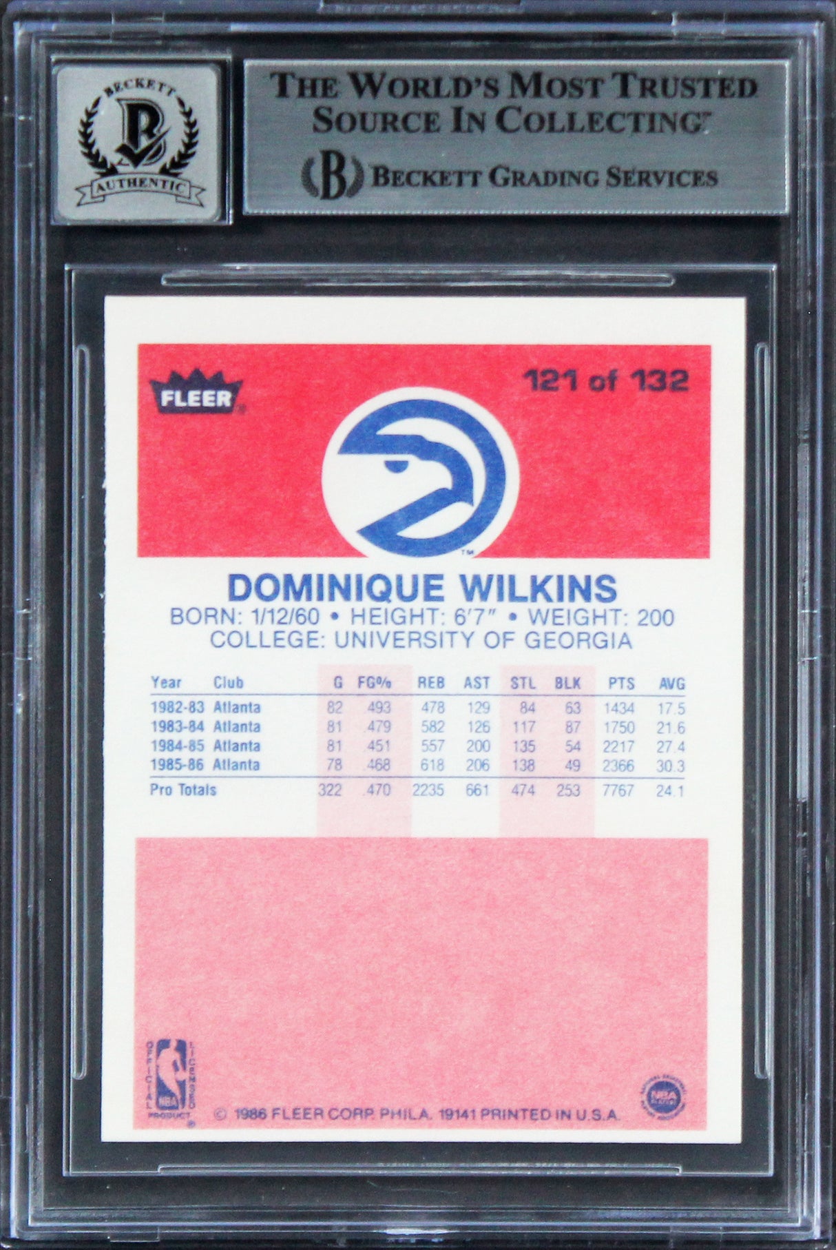 Hawks Dominique Wilkins "HOF" Signed 1986 Fleer #121 RC Card Auto 10! BAS Slab 2