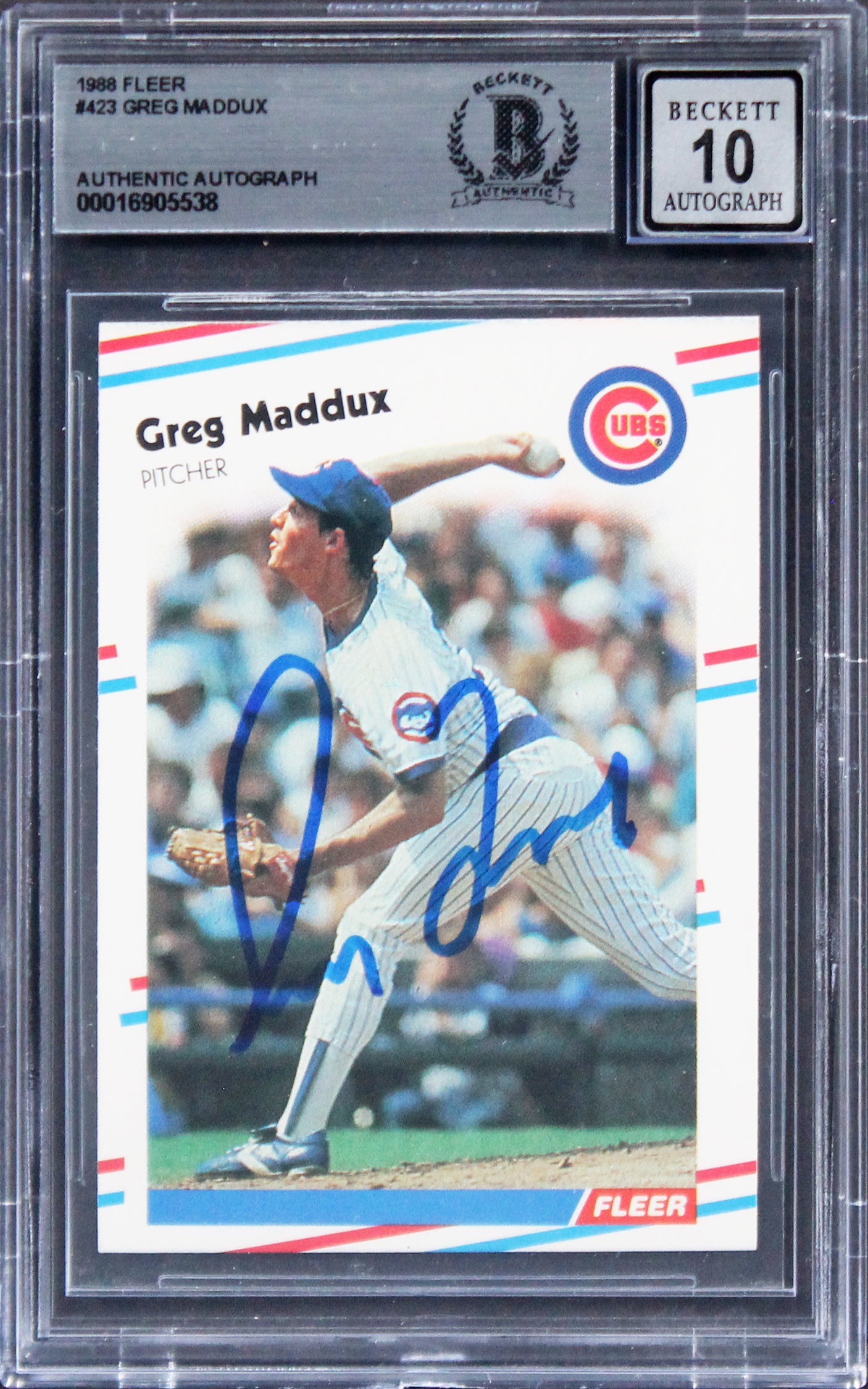 Cubs Greg Maddux Authentic Signed 1988 Fleer #423 Card Auto 10! BAS Slabbed