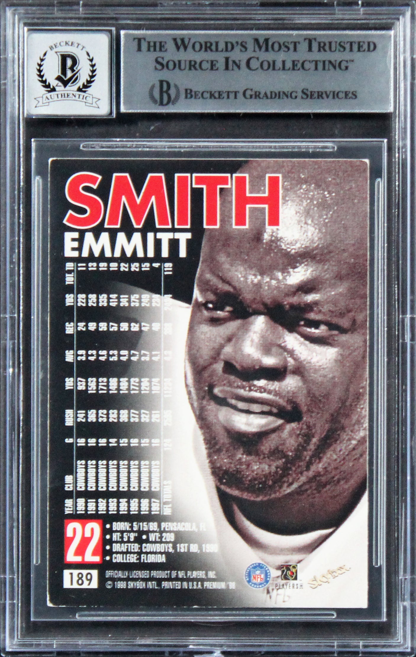 Cowboys Emmitt Smith Signed 1998 Skybox Premium #189 Card Auto 10! BAS Slabbed