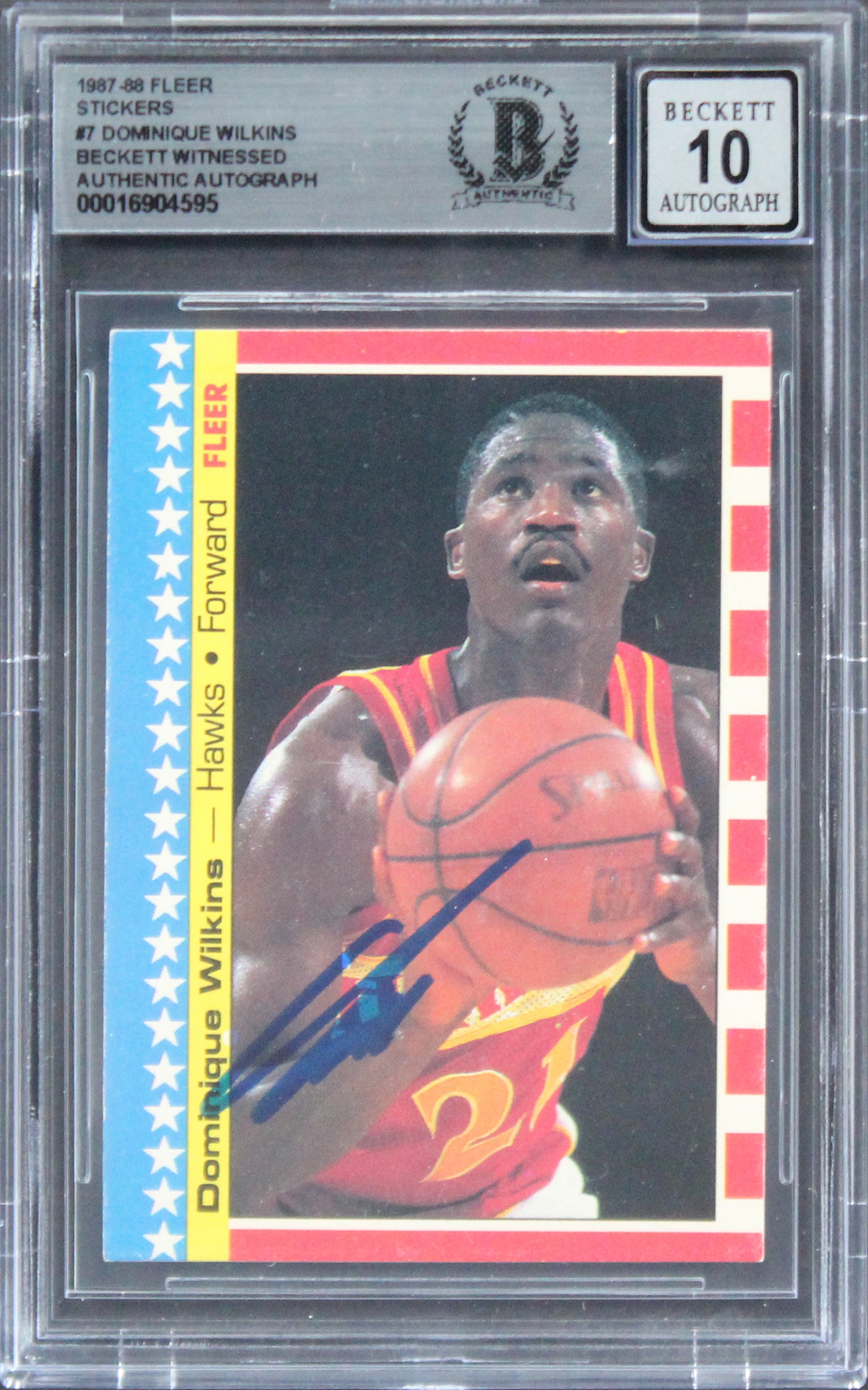 Hawks Dominique Wilkins Signed 1987 Fleer Stickers #7 Card Auto 10! BAS Slabbed