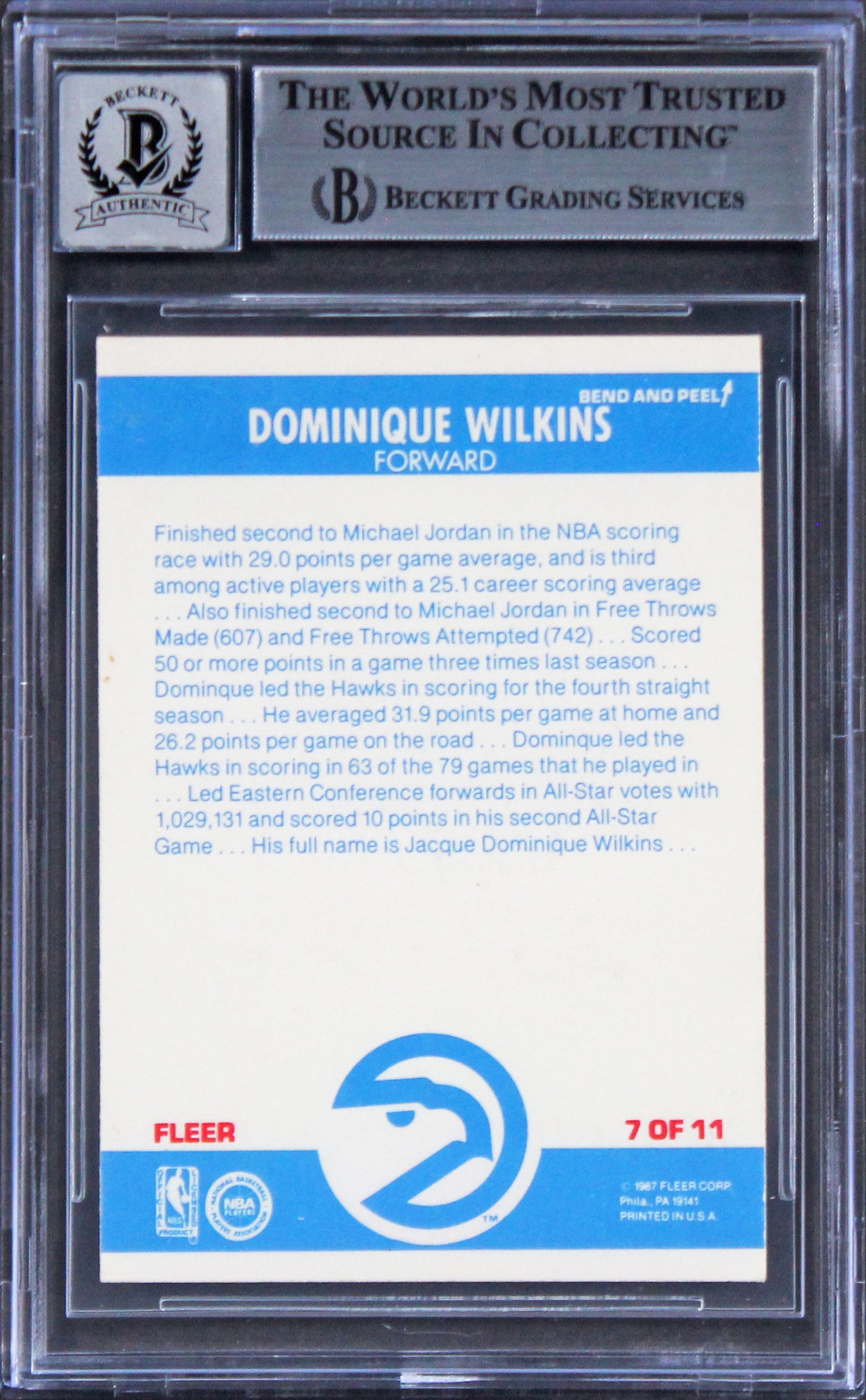 Hawks Dominique Wilkins Signed 1987 Fleer Stickers #7 Card Auto 10! BAS Slabbed