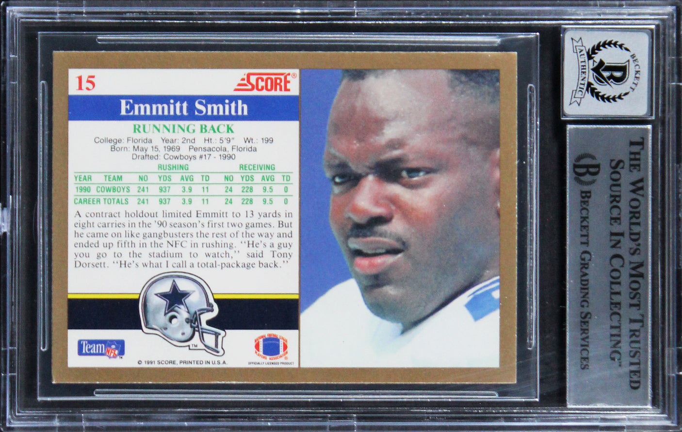 Cowboys Emmitt Smith Authentic Signed 1991 Score #15 Card Auto 10! BAS Slabbed