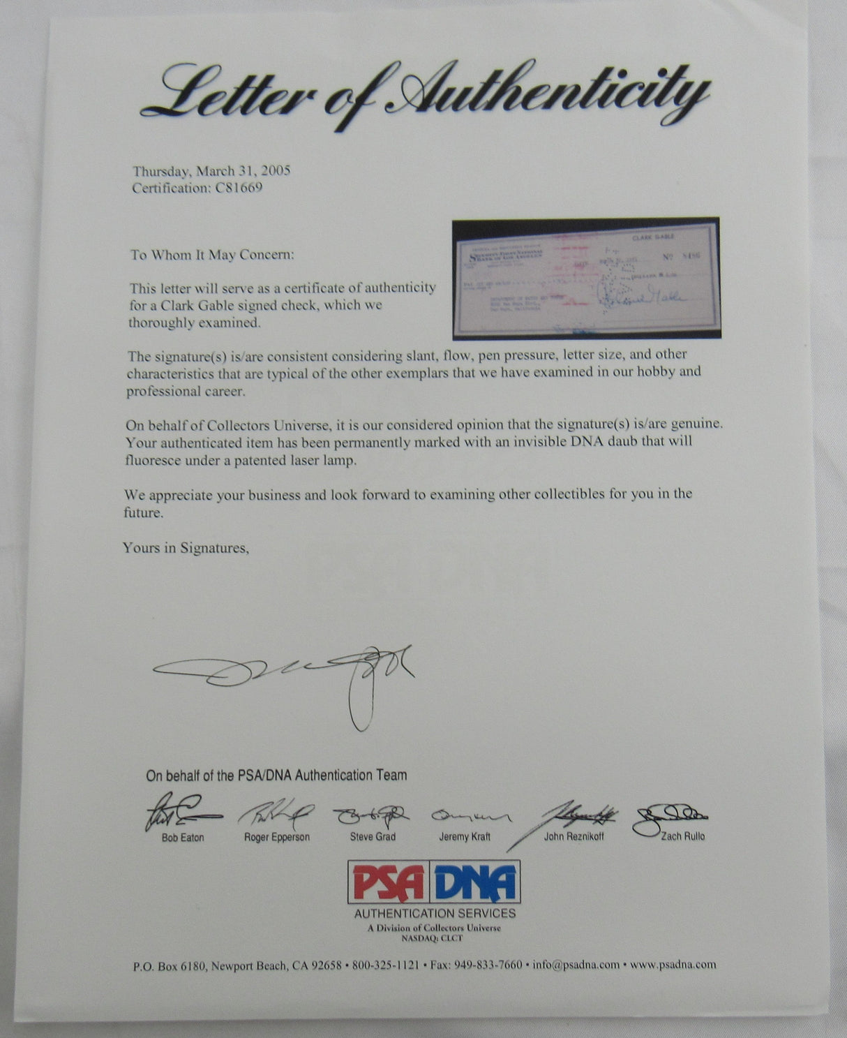 Clark Gable Signed Auto Check PSA/DNA C81669