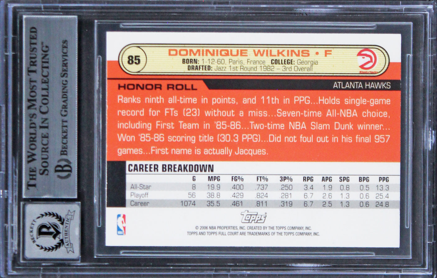 Hawks Dominique Wilkins Signed 2006 Topps Full Court #85 Card Auto 10! BAS Slab