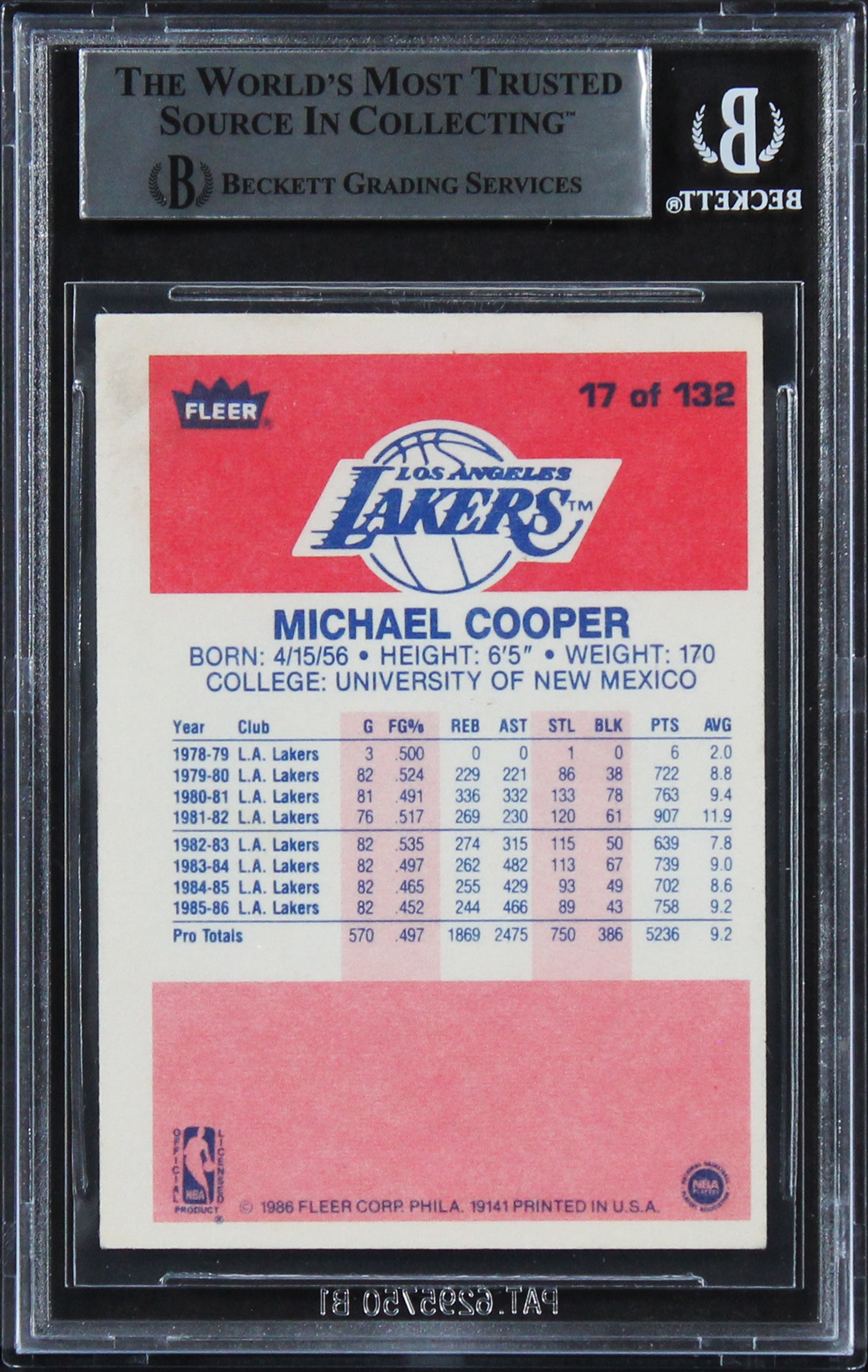 Lakers Michael Cooper Authentic Signed 1986 Fleer #17 Card BAS Slabbed
