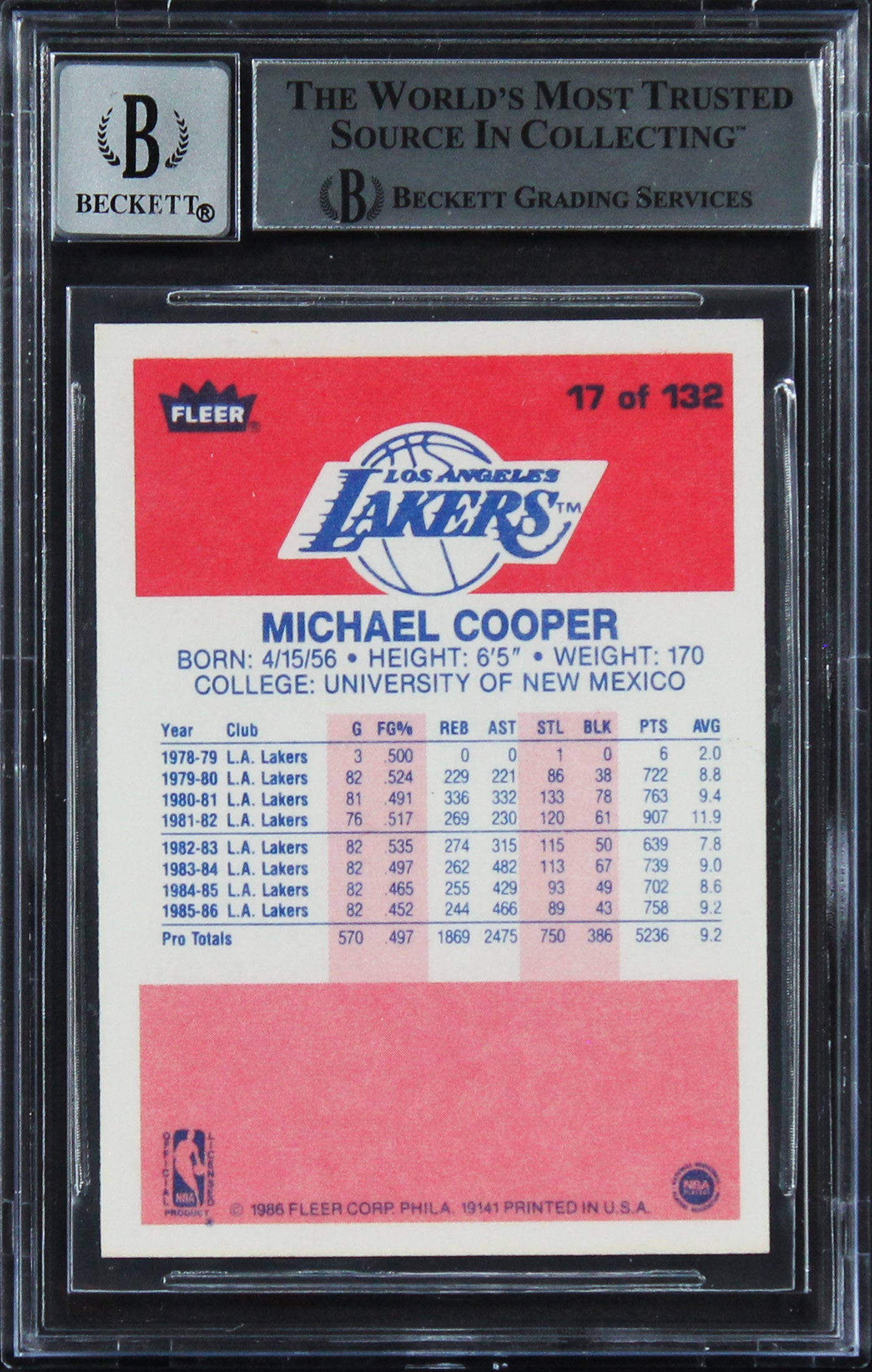 Lakers Michael Cooper Authentic Signed 1986 Fleer #17 Card Auto 10! BAS Slabbed