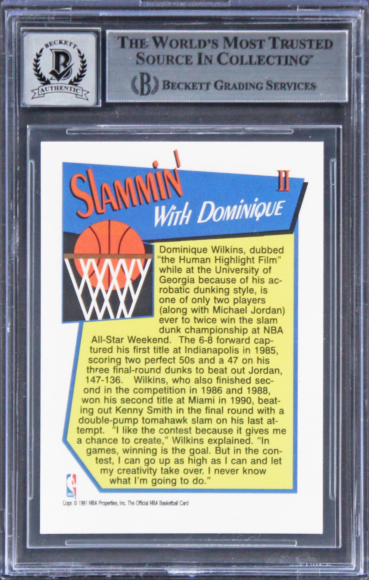 Hawks Dominique Wilkins Signed 1991 Hoops Slam Dunk #2 Card Auto 10! BAS Slabbed