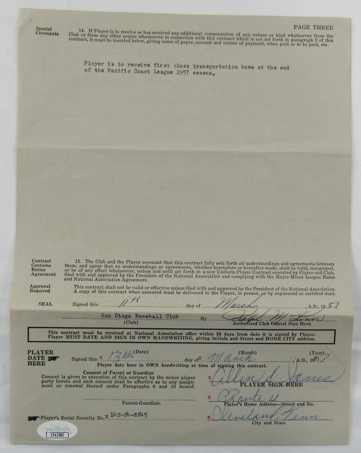 Ralph Kiner Signed Auto Contract JSA CF42580