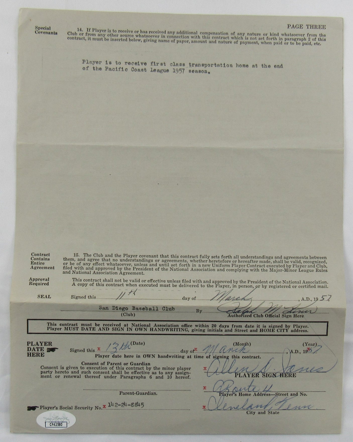 Ralph Kiner Signed Auto Contract JSA CF42580