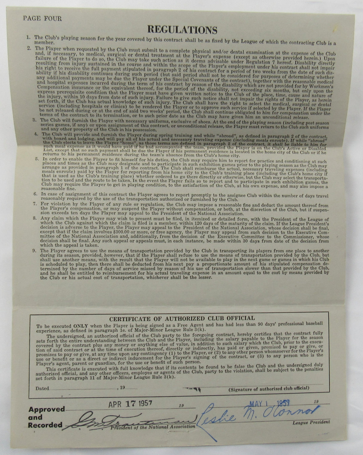 Ralph Kiner Signed Auto Contract JSA CF42580