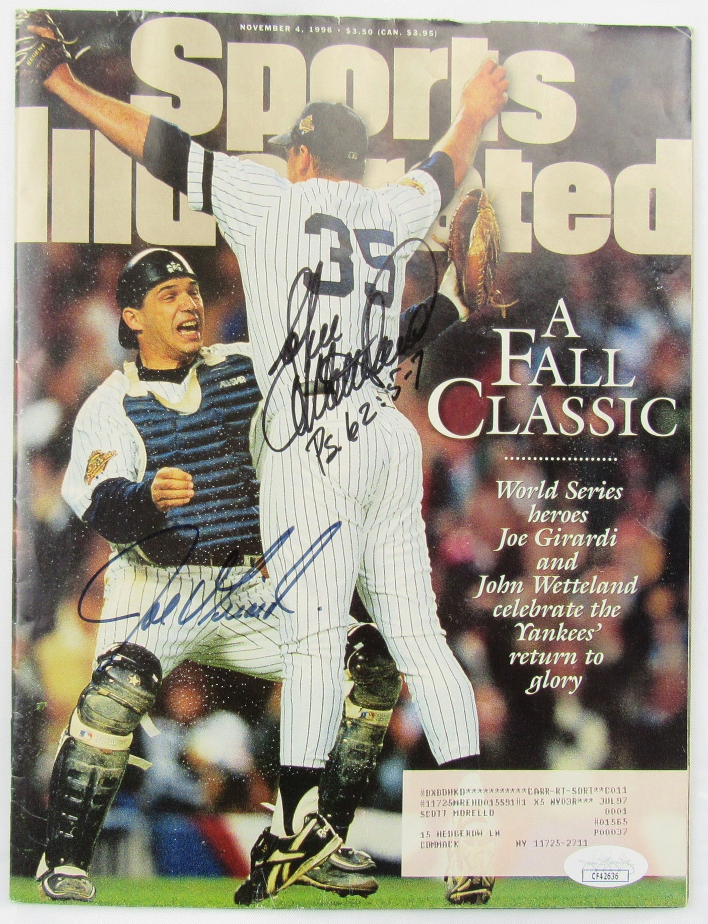 Joe Girardi John Wetteland Signed Auto Sports Illustrated Magazine JSA CF42636