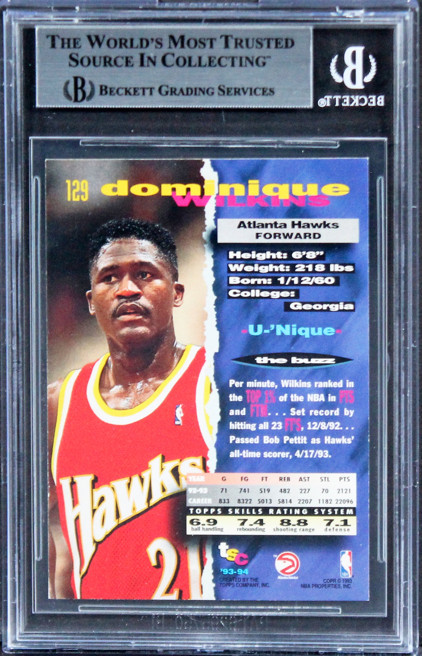 Hawks Dominique Wilkins Signed 1993 Stadium Club Super Teams #129 Card BAS Slab