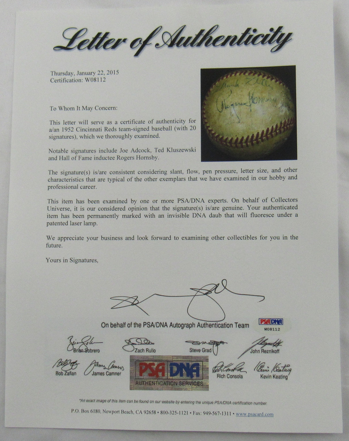 Rogers Hornsby Ted Kluszewski Earle Brucker Sr +17 1952 Reds Team Signed Auto Baseball PSA/DNA LOA W08112