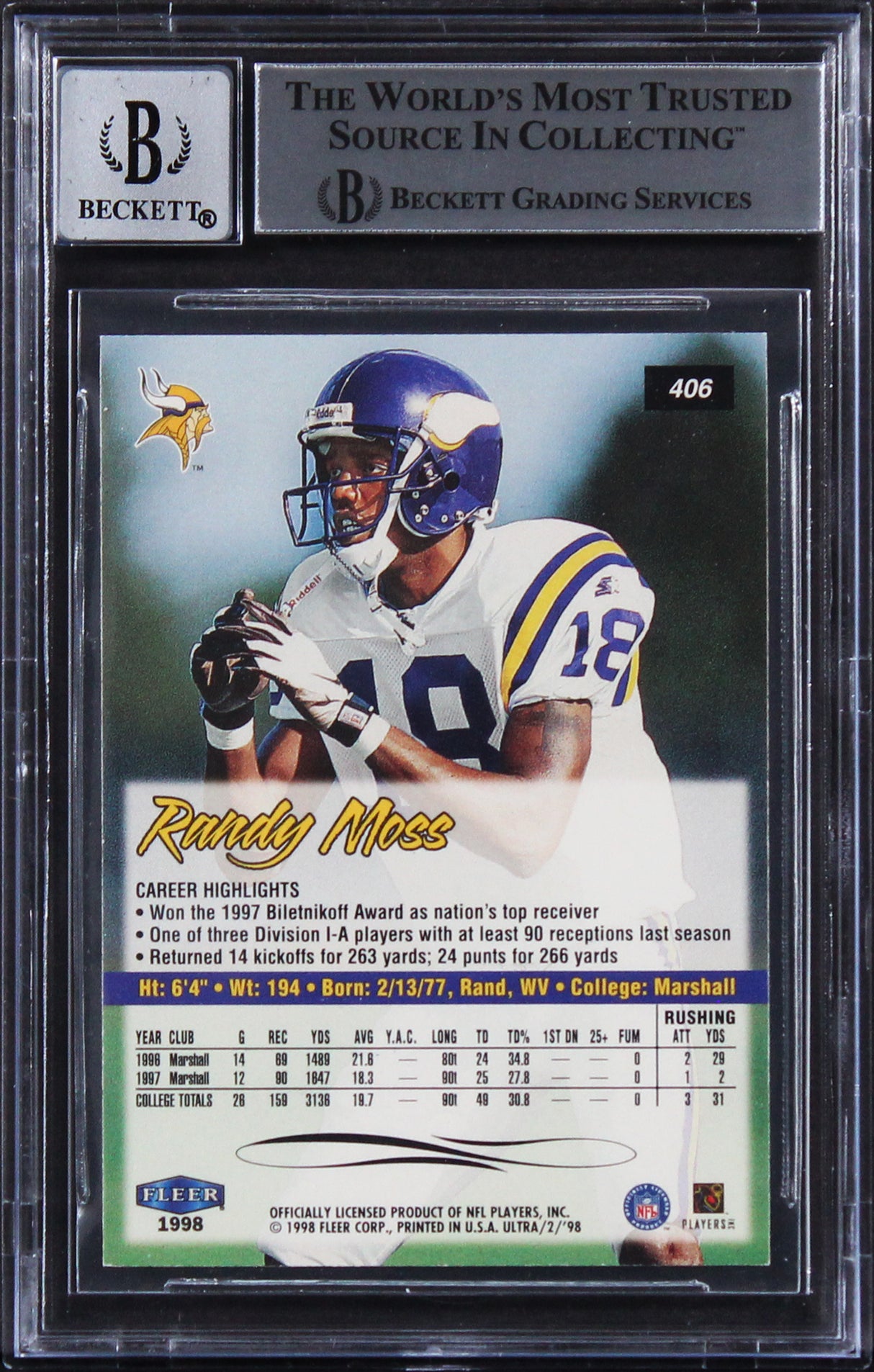 Vikings Randy Moss Signed 1998 Ultra #406 Rookie Card Auto 10! BAS Slabbed