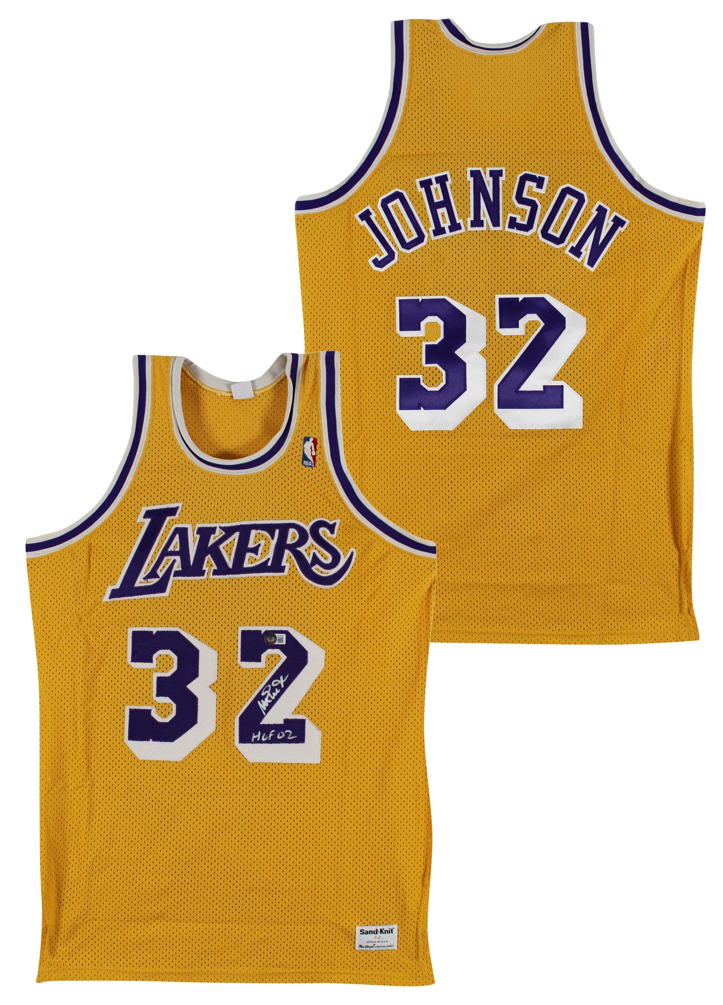 Lakers Magic Johnson "HOF 02" Signed Yellow MacGregor Sand-Knit Jersey BAS Wit 4