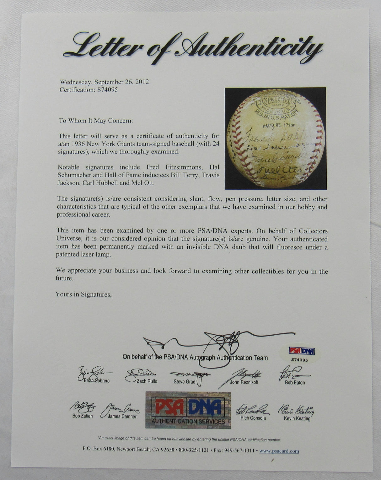 Mel Ott Carl Hubbell Travis Jackson +21 1936 Giants Team Auto Signed Baseball PSA/DNA LOA S74095