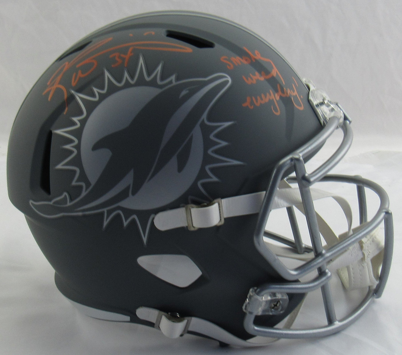 Ricky Williams Signed Riddell Full Size Grey Dolphins Helmet Replica w/ Smoke Insc JSA COA