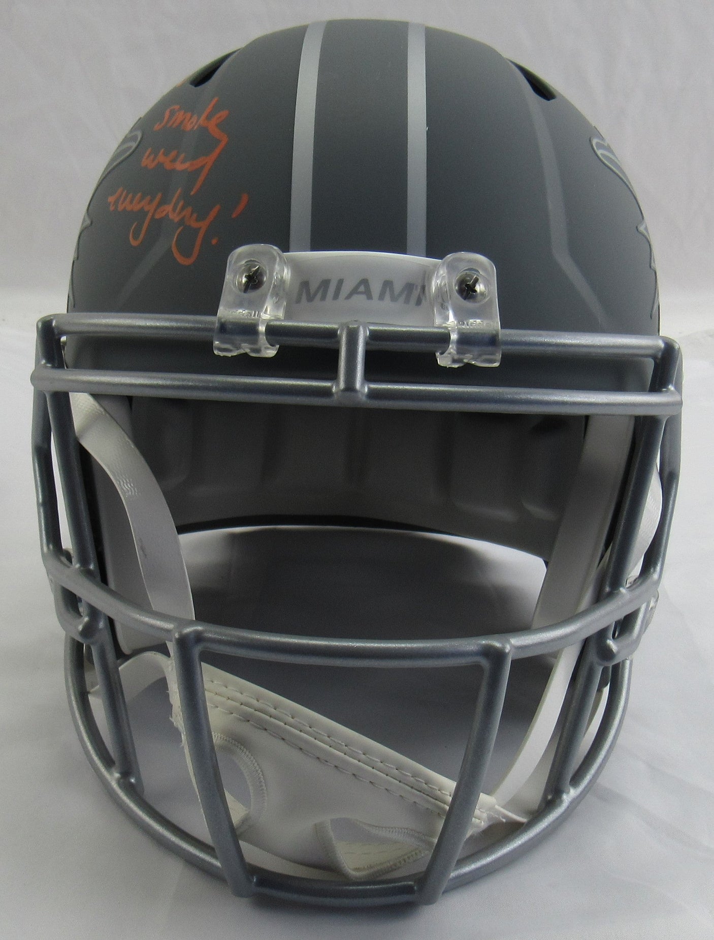 Ricky Williams Signed Riddell Full Size Grey Dolphins Helmet Replica w/ Smoke Insc JSA COA