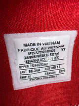 Giannis Antetokounmpo Autographed 2024 Player Exclusive (PE) Promo Black & University Red Nike Zoom Freak 6 Shoes Milwaukee Bucks Size 17 Beckett BAS Witness Stock #252756