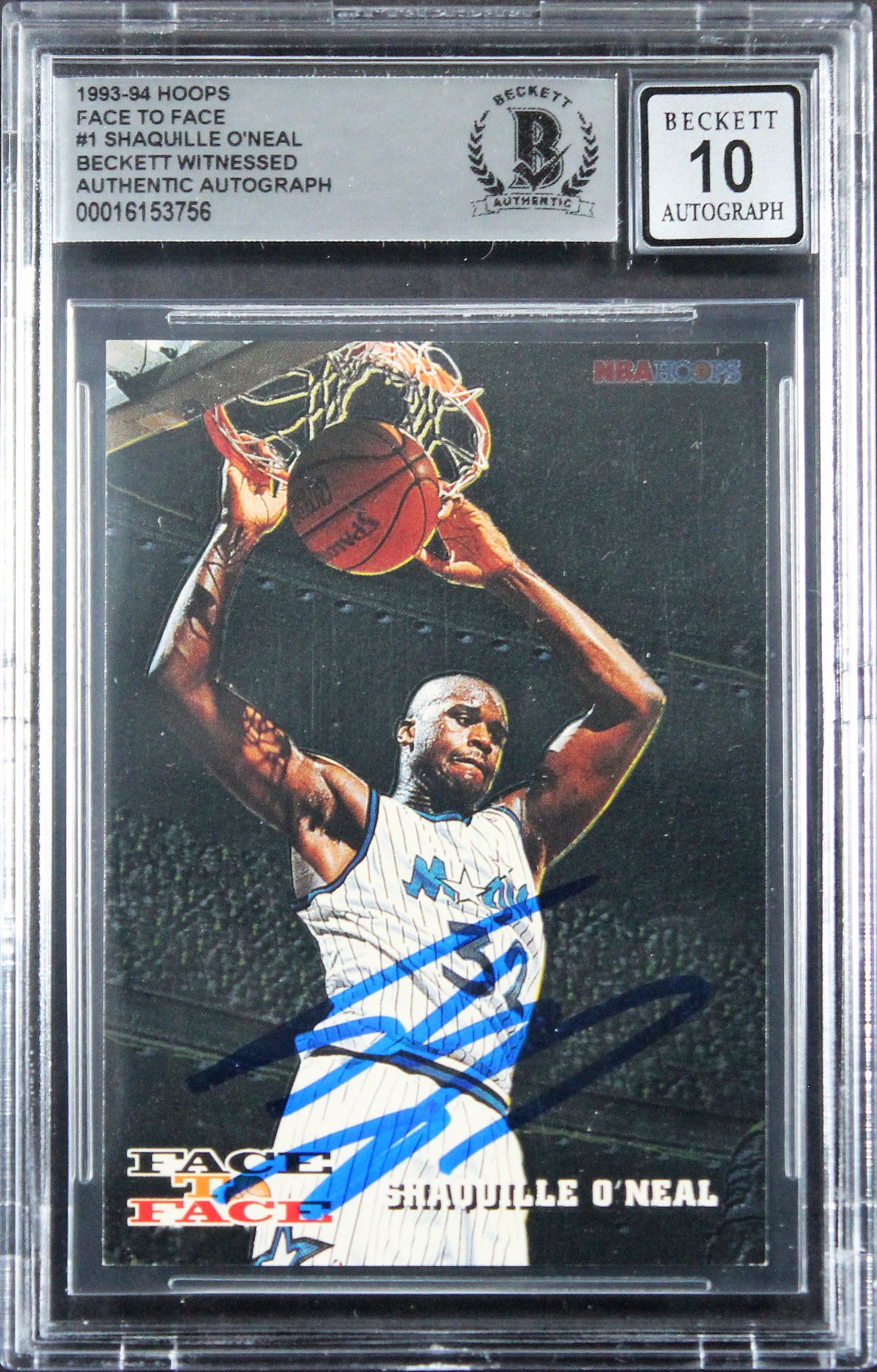 Magic Shaquille O'Neal Signed 1993 Hoops Face to Face #1 Card Auto 10! BAS Slab
