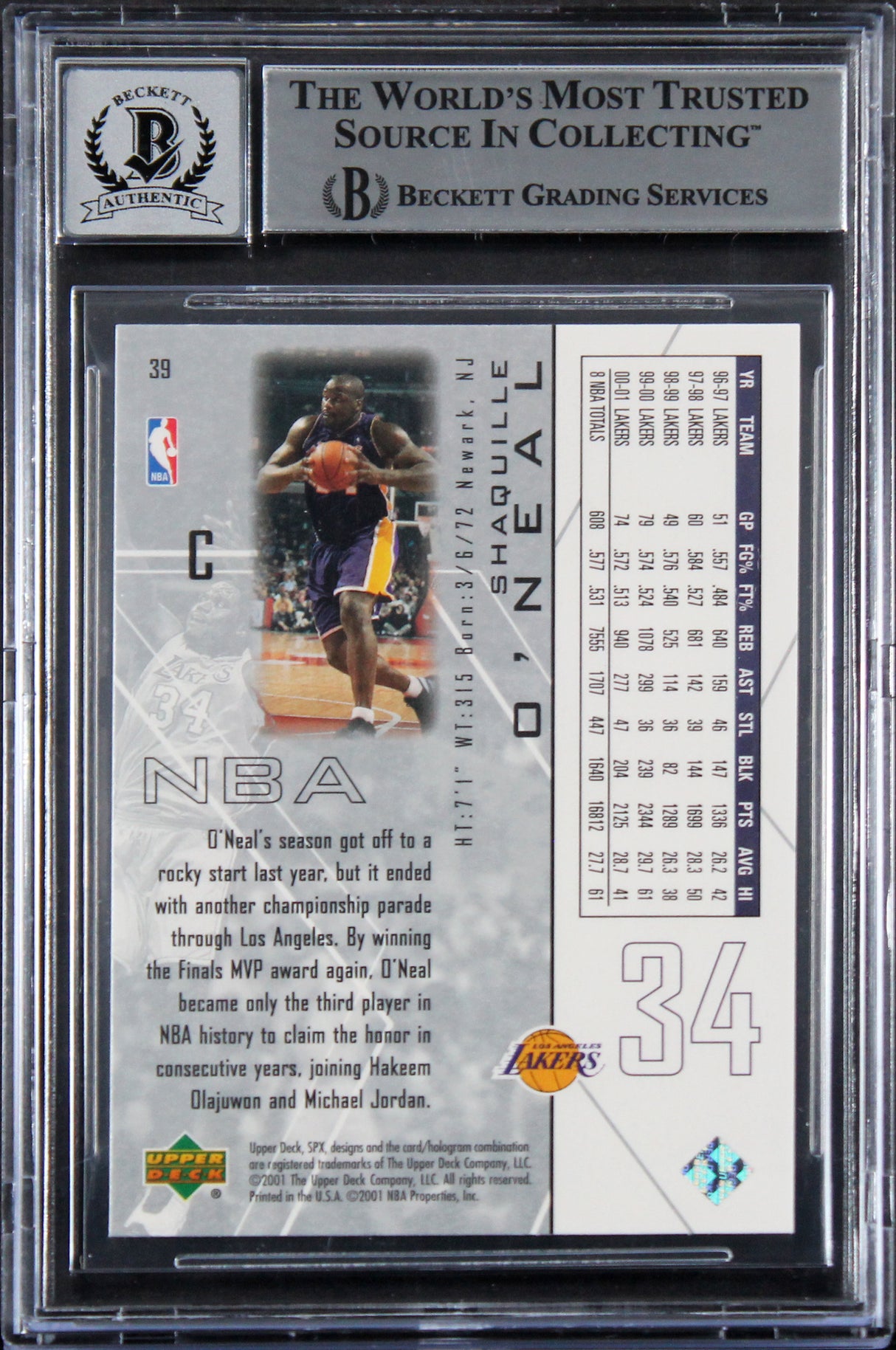 Lakers Shaquille O'Neal Authentic Signed 2001 SPX #39 Card Auto 10! BAS Slabbed