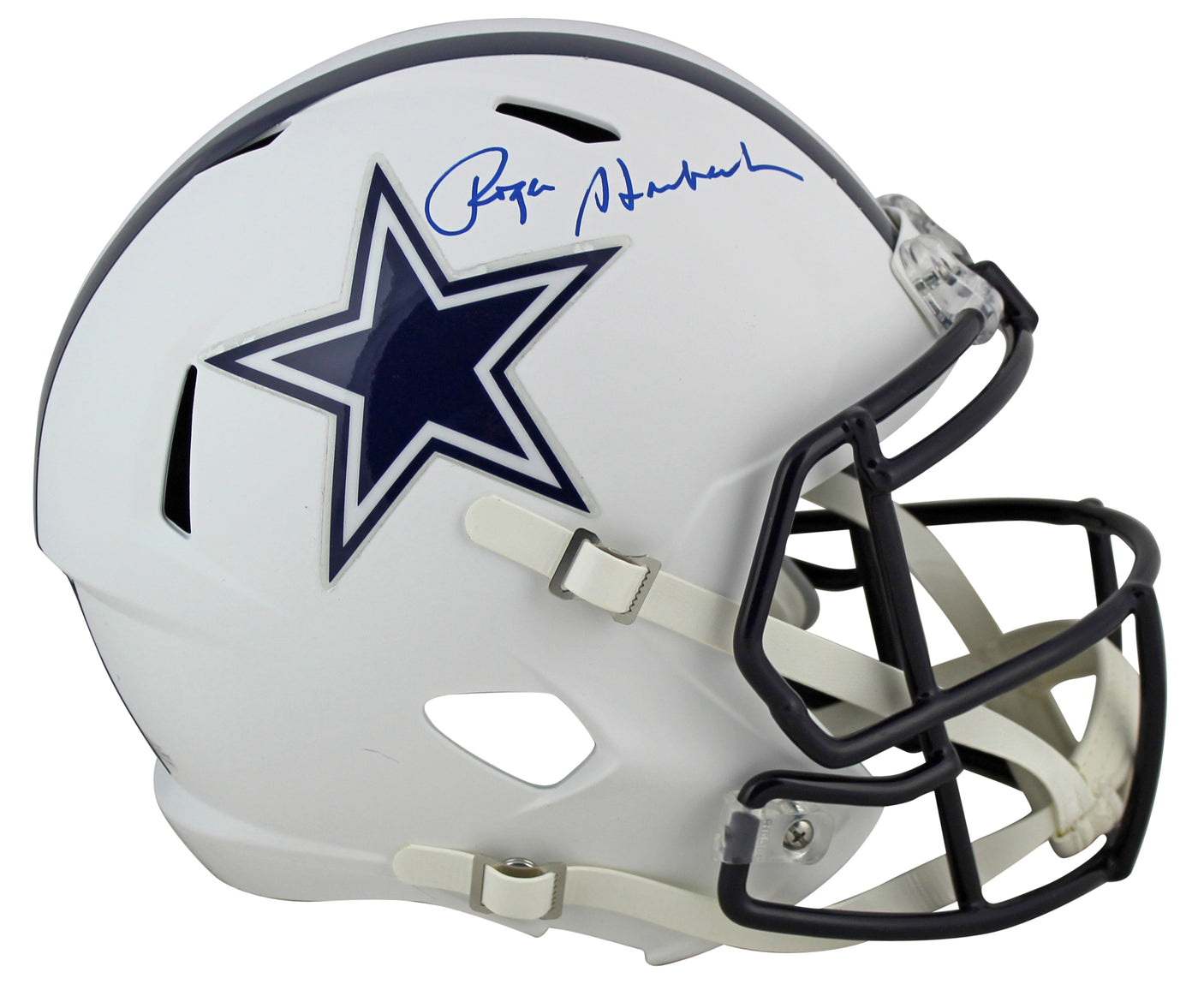 Cowboys Roger Staubach Signed Flat White Full Size Speed Rep Helmet BAS Witness