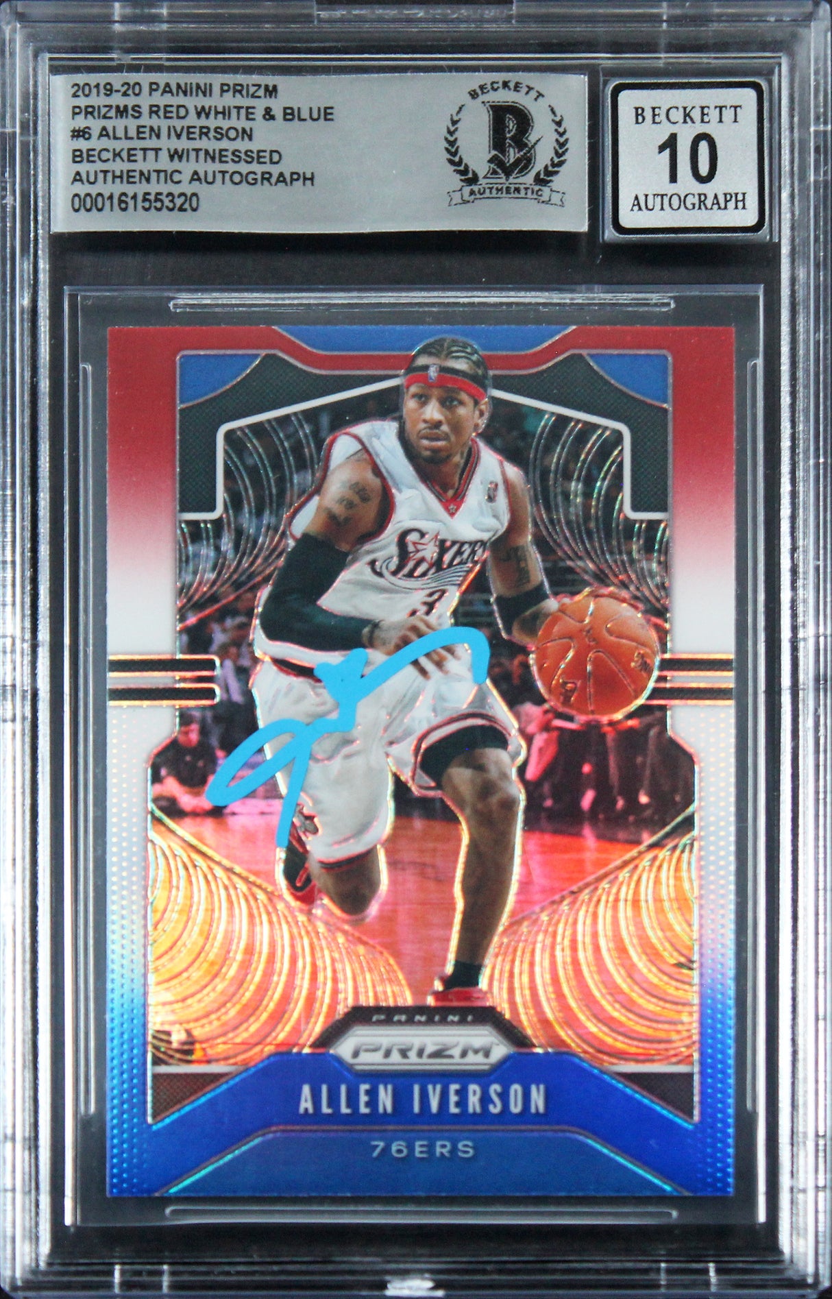 76ers Allen Iverson Signed 2019 Panini Prizm RW&B #6 Card Auto 10! BAS Slabbed